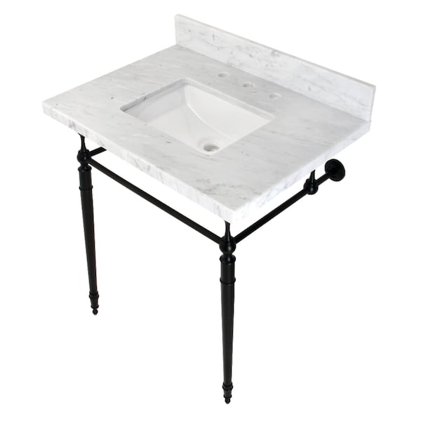 Fauceture KVPB3022M8SQ0 30" Console Sink with Brass Legs (8-Inch, 3 Hole), Marble White/Matte Black KVPB3022M8SQ0 - main